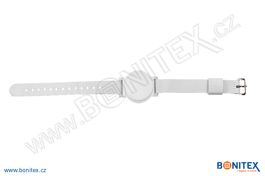 Náramek-nylon-260-275x15mm,kov.spona 1-s RFID-125 kHz-bílý/č.bílý, čip: EM4102. - bonitex